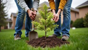 Homeowner and arborist planting a young tree in a residential yard, emphasizing tree care and planting techniques relevant to Ottawa properties.