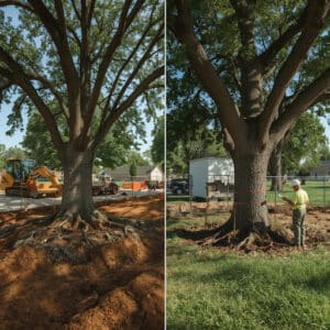 Tree with exposed roots in construction site, showing mitigation efforts with a worker establishing tree protection zone, emphasizing tree health during construction.