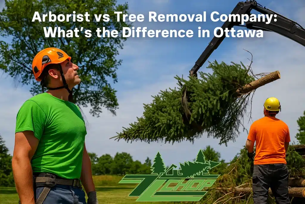 Arborists and tree removal professionals working on tree care in Ottawa, featuring a tree branch being lifted by machinery, with a focus on tree maintenance and removal services.