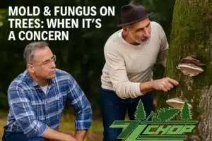 Two men inspecting a tree with visible mold and fungus growth, discussing tree health concerns, with "MOLD & FUNGUS ON TREES: WHEN IT'S A CONCERN" text overlay and ZZ Chop logo.